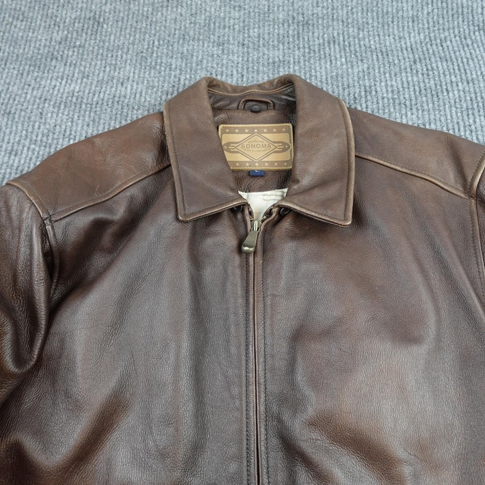 Sonoma Jacket Mens Large Brown Leather Bomber Full Zip USA Flag Lined Aviator - Picture 4 of 13